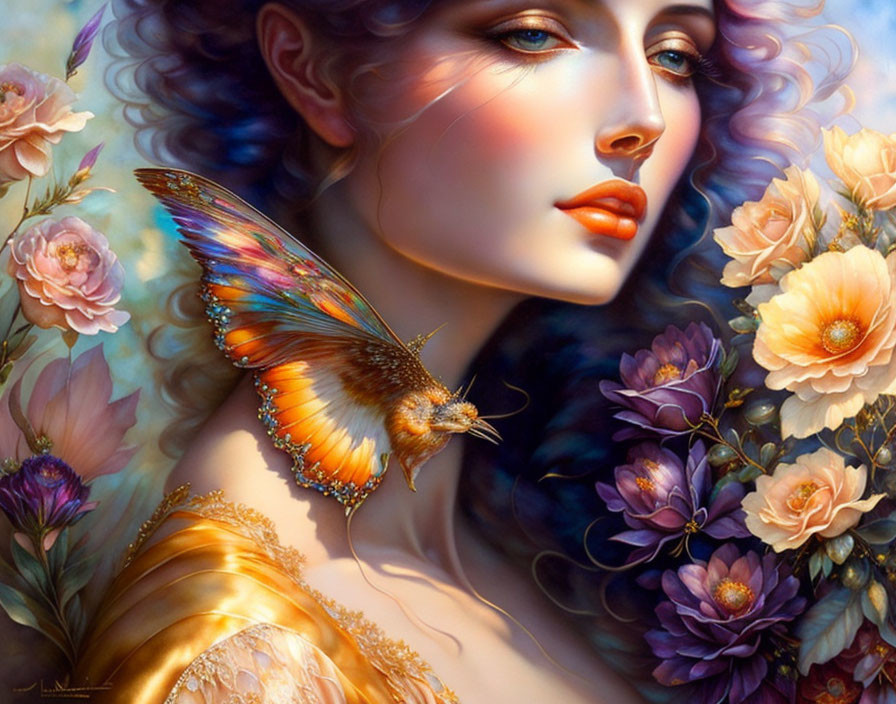 Colorful Butterfly Wing Ears on Woman Surrounded by Flowers