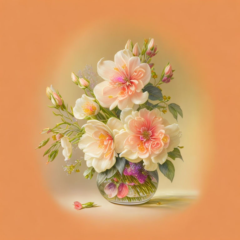 Colorful Cream and Pink Flower Bouquet in Glass Vase on Orange Background