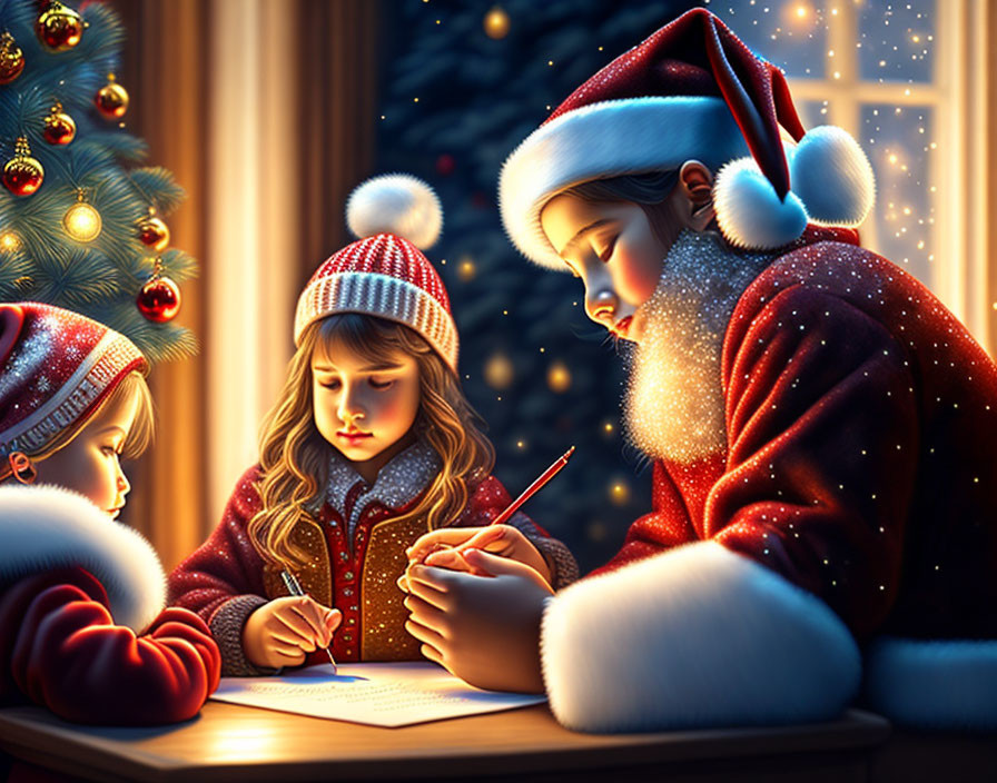 Man in Santa costume and kids writing letter by candlelight with Christmas tree.