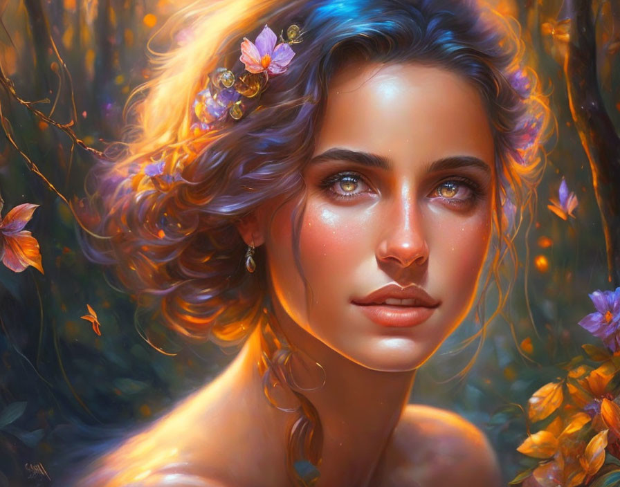 Woman with Blue Eyes and Curly Hair in Enchanted Forest Portrait