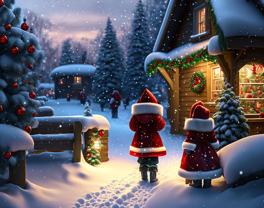 Children in Santa Claus costumes near cozy, illuminated Christmas house in snowy landscape