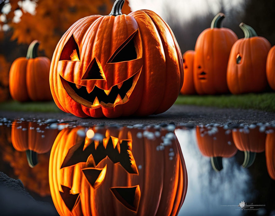 Carved Jack-o'-lantern Reflecting on Water Surface with Pumpkins in Autumn Setting