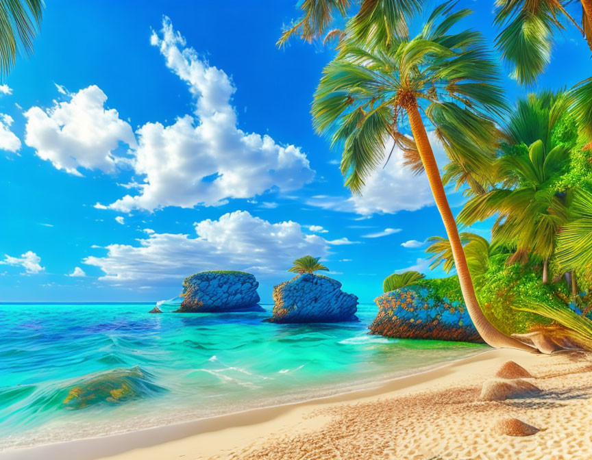 Scenic tropical beach with turquoise water, white sand, palm trees, and rock formations