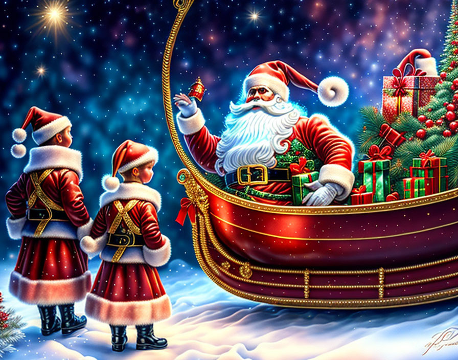 Santa Claus with elves in sleigh under starry night sky.