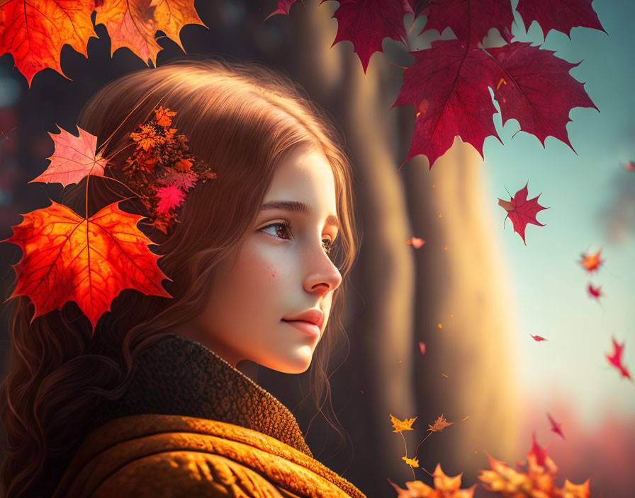 Young woman with autumn leaves in hair in warm, golden light