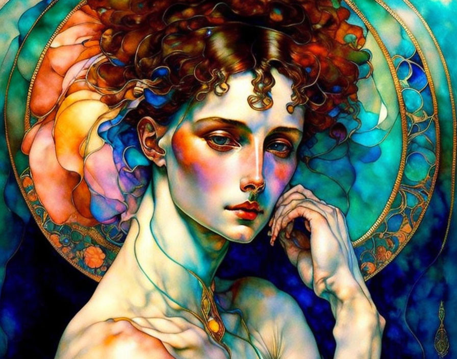 Colorful Art Nouveau Woman with Curly Hair and Intricate Patterns