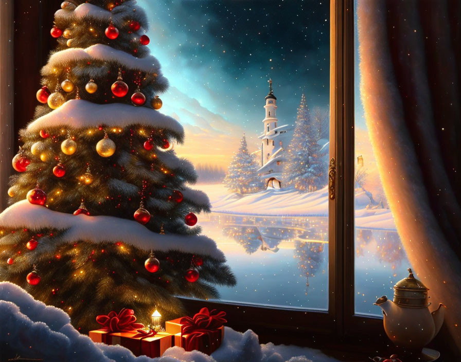 Christmas scene with decorated tree, gifts, snowy landscape, and lighthouse view at dusk