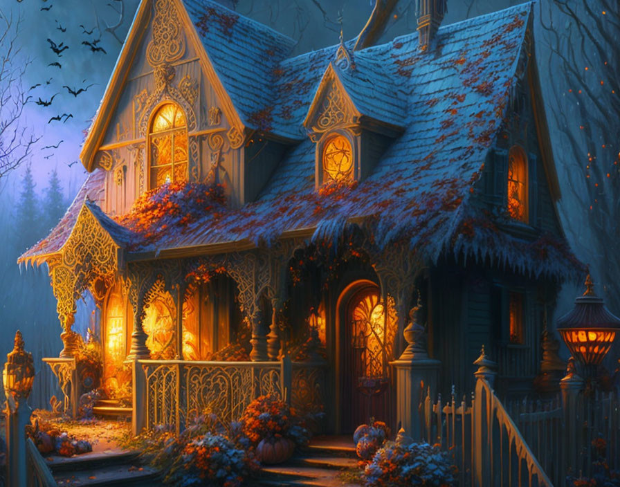 Cozy cottage with pumpkins, bats, and twilight forest ambiance