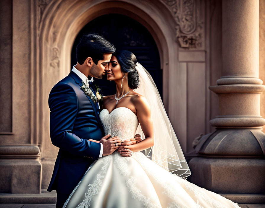 Bride and groom embrace at ornate archway in formal attire