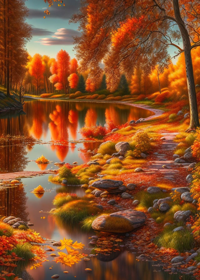 Tranquil lake reflects fiery autumn foliage and stone path