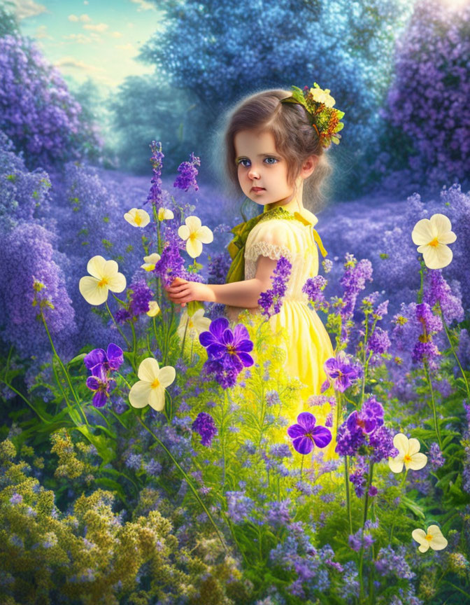 Young girl in yellow dress among purple and white flowers in lush greenery