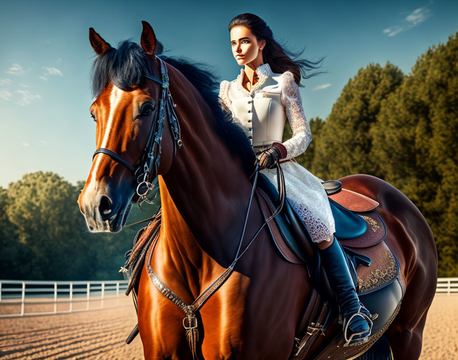 Elegant woman in riding outfit on chestnut horse with trees and fence.