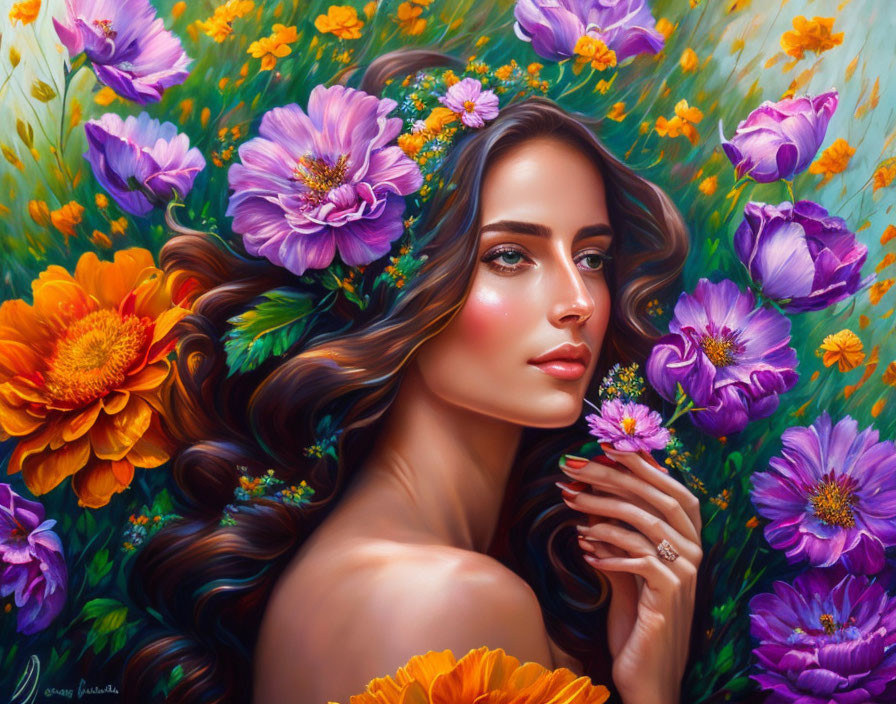 Portrait of Woman with Floral Hair and Colorful Flowers