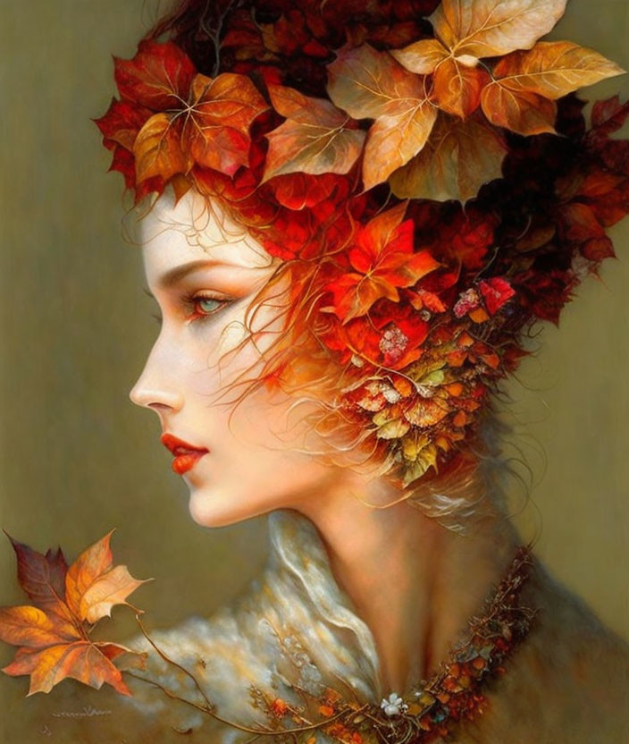 Profile portrait of woman with autumn leaf crown in warm red and orange hues