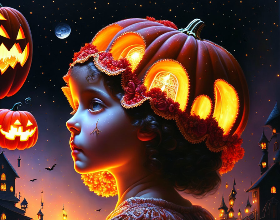 Child in pumpkin hat against Halloween night backdrop with moon, bats, and jack-o'-lanterns