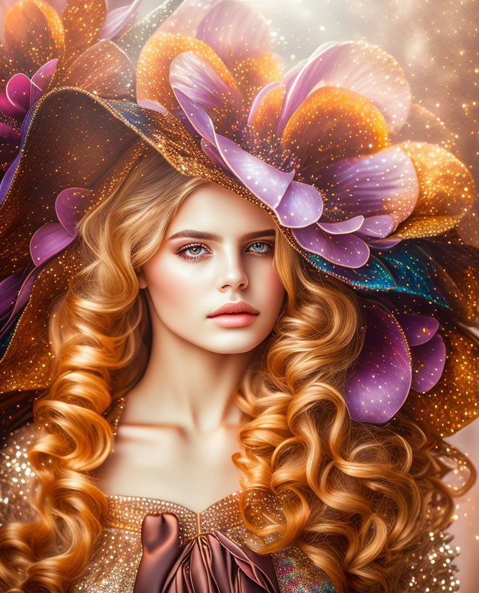 Woman with Golden Curls and Blue Eyes in Ornate Purple Floral Hat