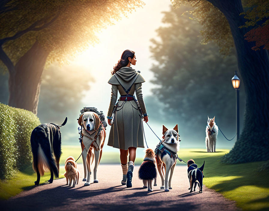 Woman walking multiple dogs in scenic park with sunlight filtering through trees