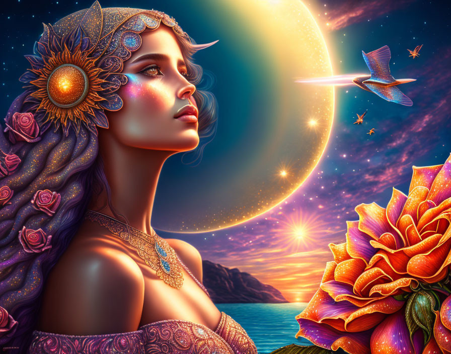 Surreal portrait of woman with ornate jewelry in cosmic scene