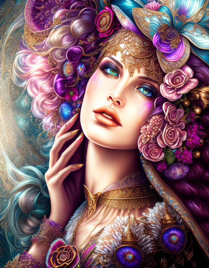 Detailed Woman Illustration with Floral and Cosmic Motifs