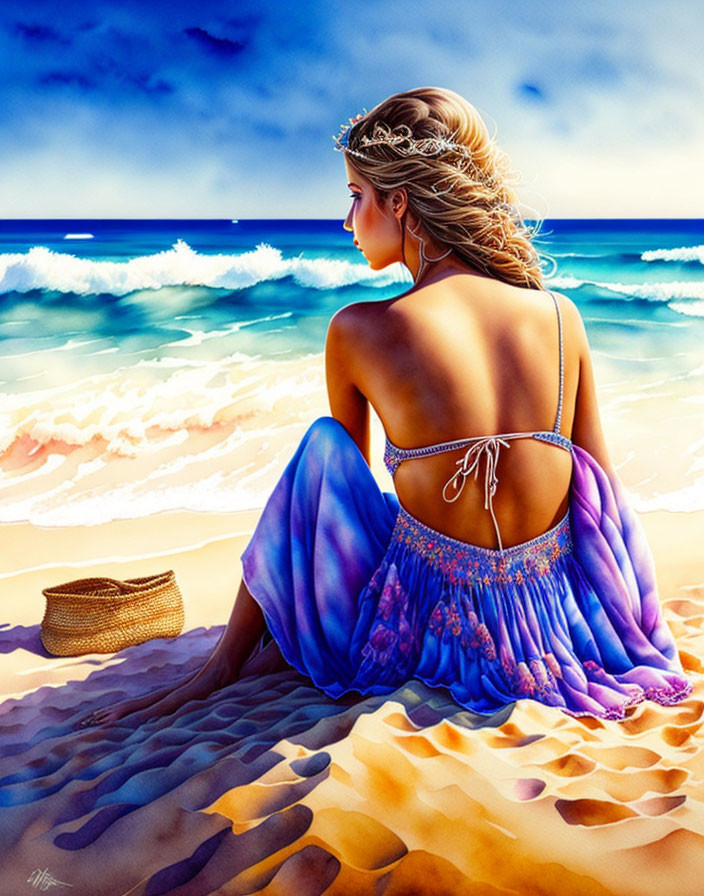 Woman in Purple Dress Sitting on Beach with Straw Hat