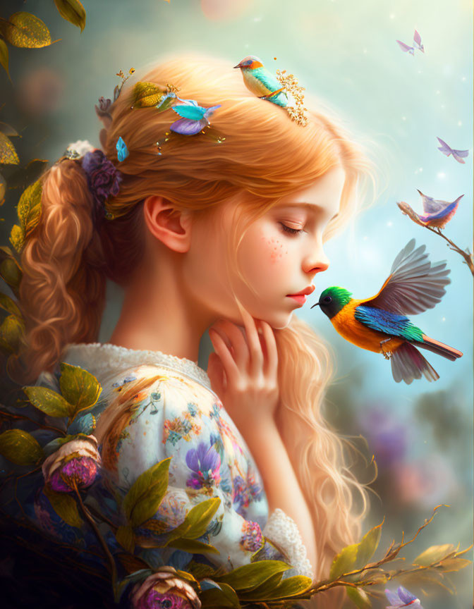 Serene girl with braided hair among colorful birds and leaves