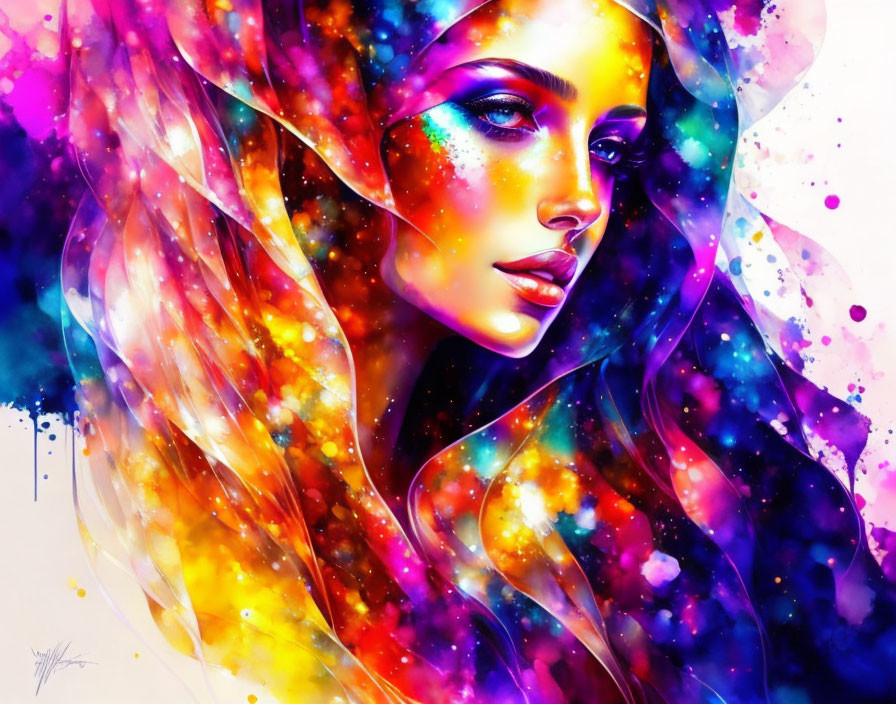 Colorful Digital Artwork: Woman's Face with Cosmic Starry Patterns