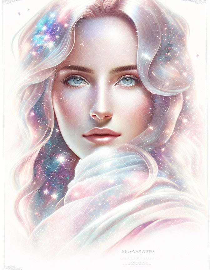 Portrait of woman with star-filled hair and blue eyes in celestial glow