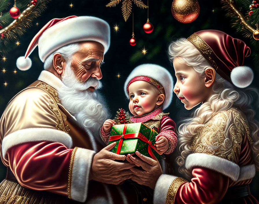 Santa Claus giving Christmas present to children in festive outfits amid fir branches