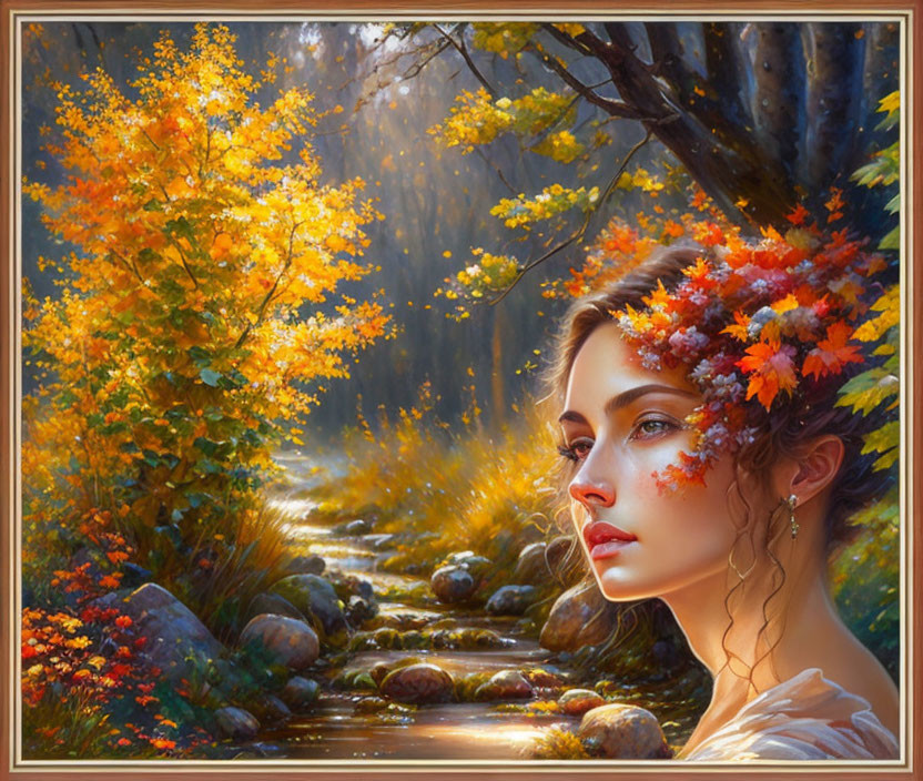 Autumn-themed portrait of a woman by a stream in a sunlit forest