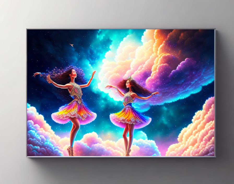 Colorful mirrored dancers against cosmic backdrop with swirling clouds and stars