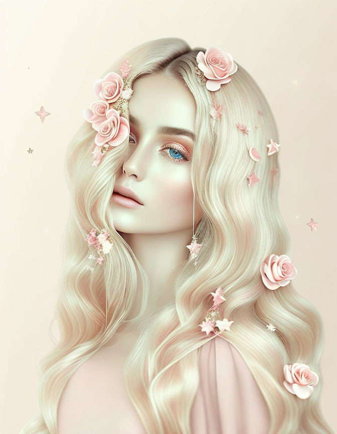 Surreal portrait of woman with blonde hair, pink roses, and butterflies