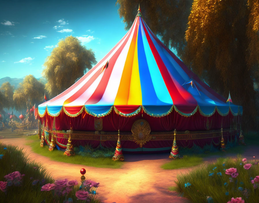 Vibrant circus tent in peaceful meadow at dusk