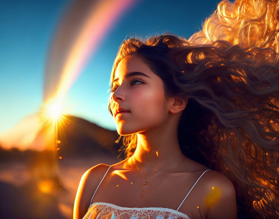 Profile of young woman with flowing hair in golden sunset and rainbow