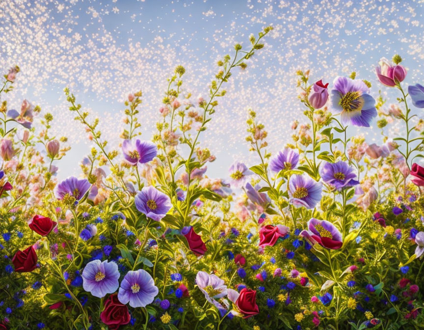 Colorful Wildflowers Blooming Under Sunlit Sky