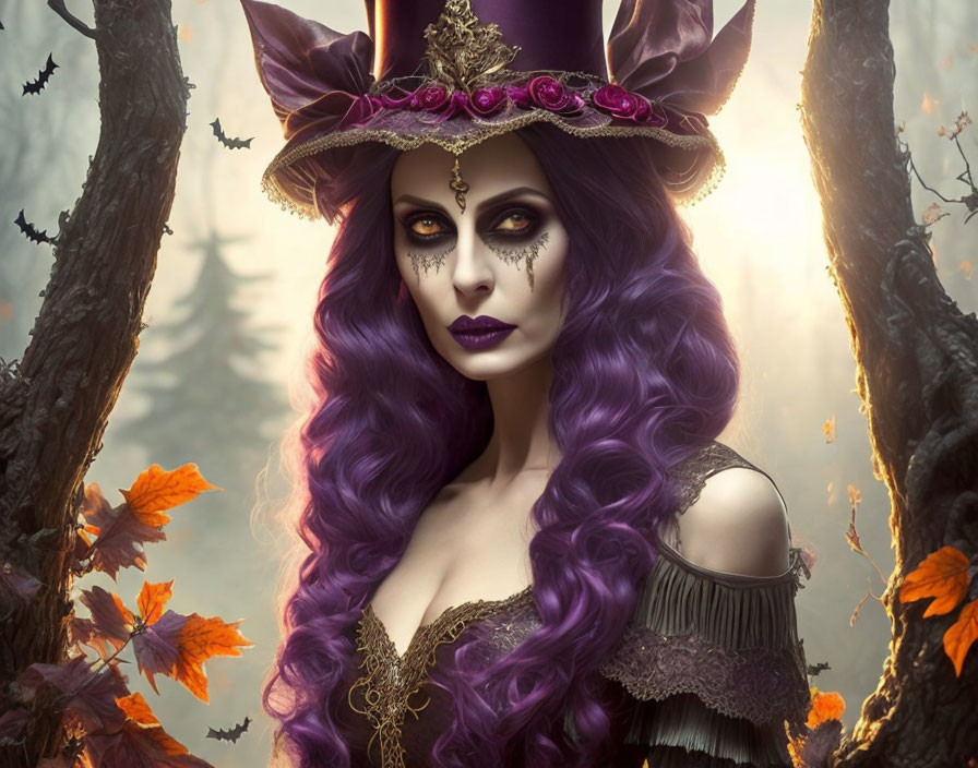 Person in Witch Costume with Purple Hair in Eerie Forest Setting