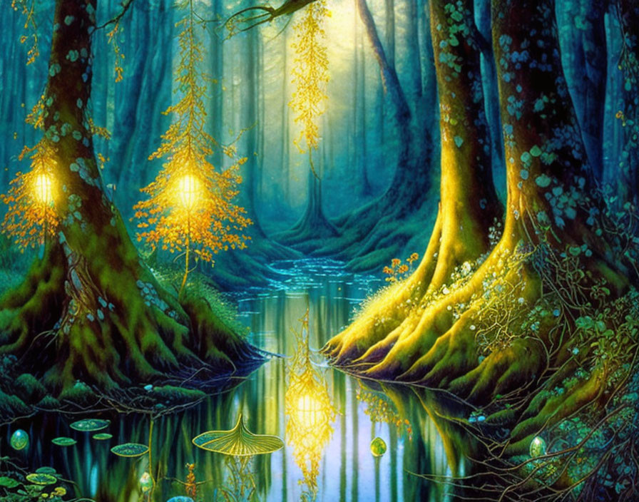 Enchanted forest with luminescent trees and plants by tranquil river