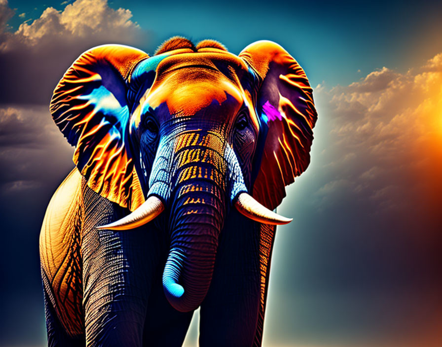 Vibrant Elephant Artwork with Dramatic Sunset Sky