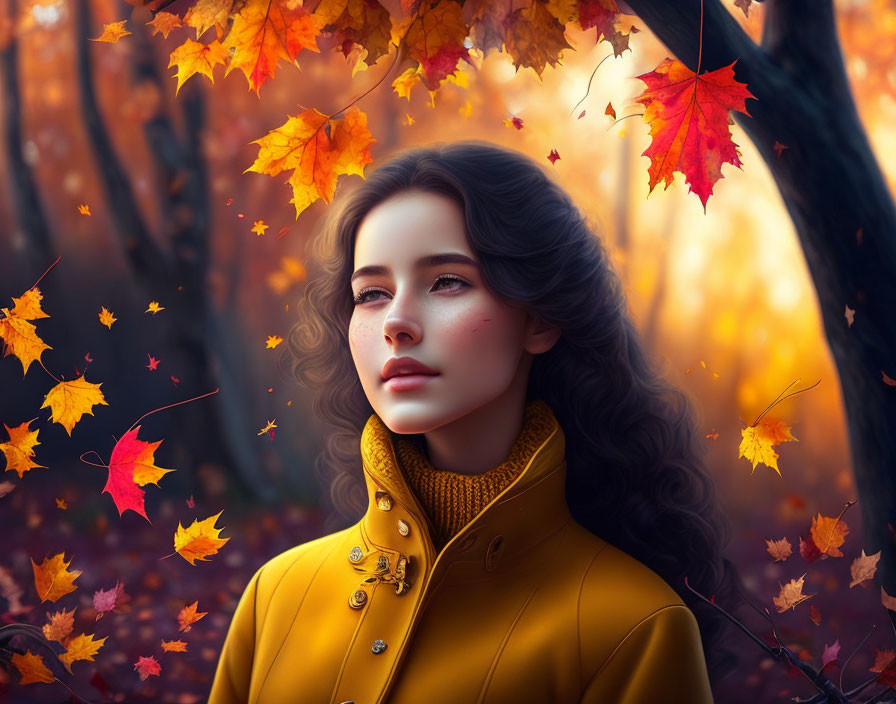 Woman in Yellow Coat Surrounded by Autumn Leaves and Trees