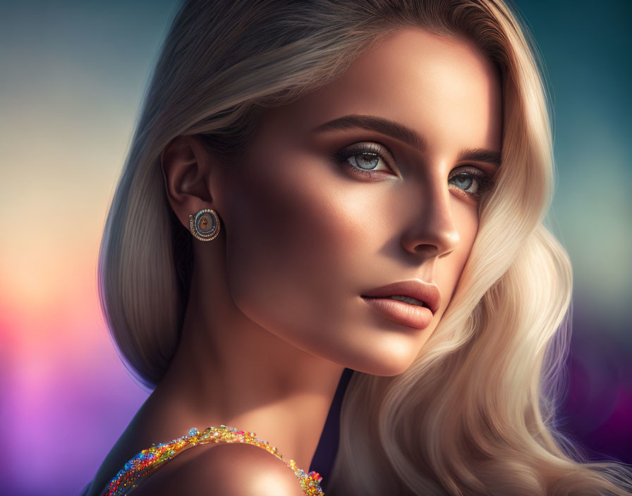 Blonde woman portrait with blue eyes and earrings