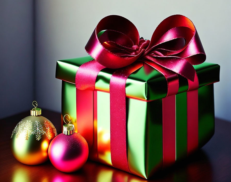 Shiny red and gold ribbon on festive gift box with Christmas ornaments