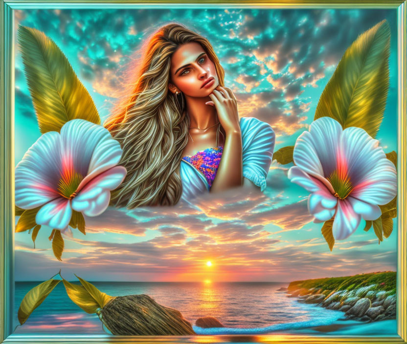 Digital Artwork: Thoughtful Woman Surrounded by Flowers, Sunset Ocean Background, 3D Frame