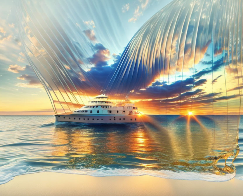 Luxurious yacht sailing at sunset with flowing curtains and vibrant sky.