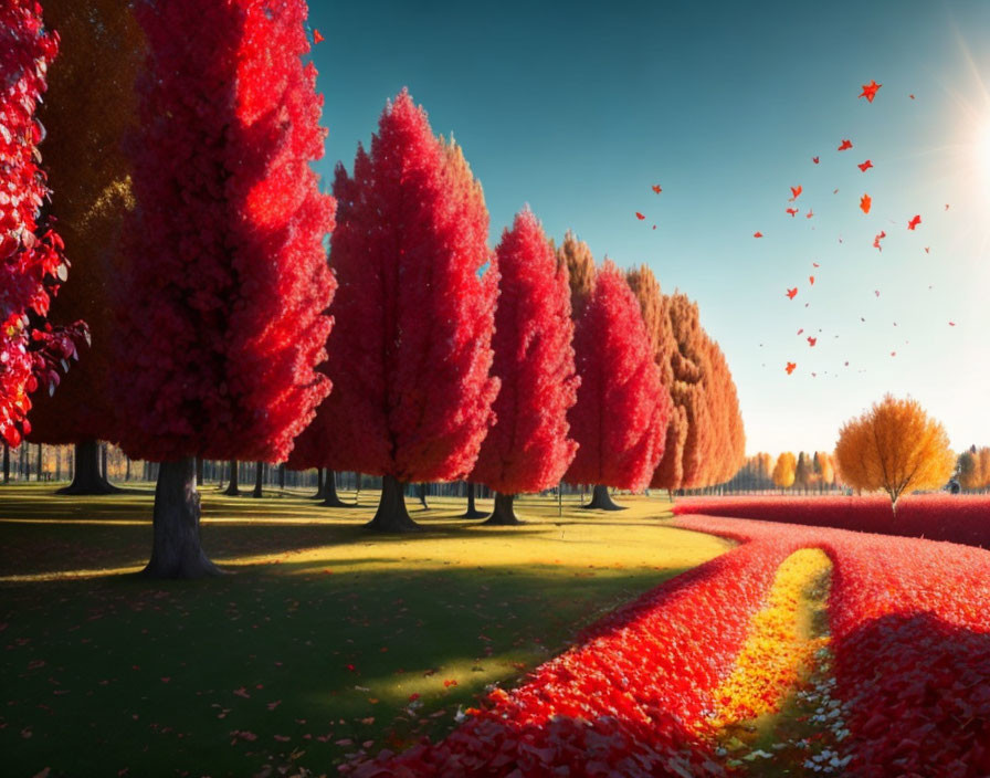 Vibrant red autumn trees, fallen leaves, and birds in clear sky