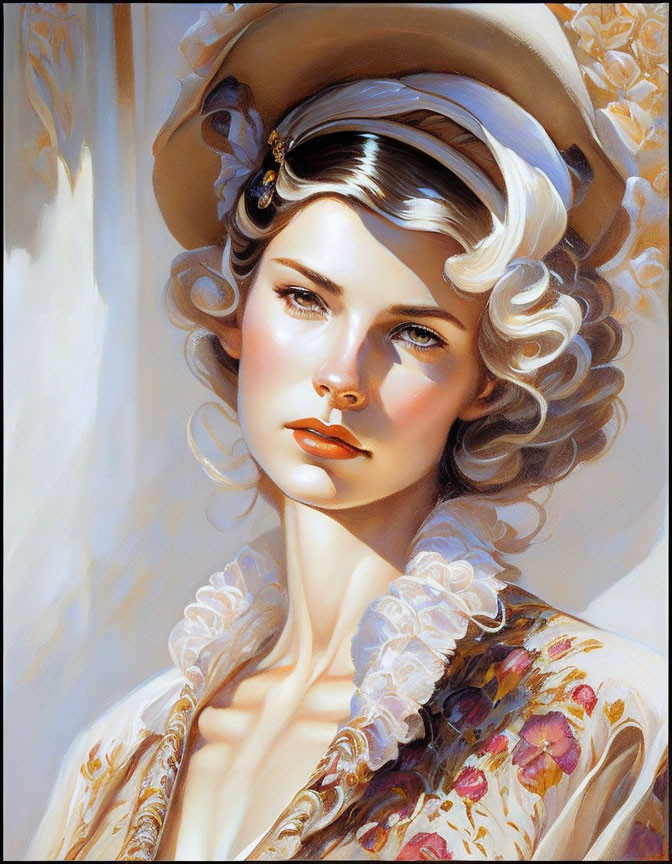 Vintage hat woman with wavy hair and floral attire gazes thoughtfully.