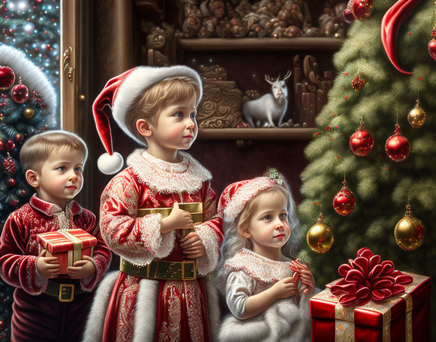 Children in festive attire with gifts near a Christmas tree.