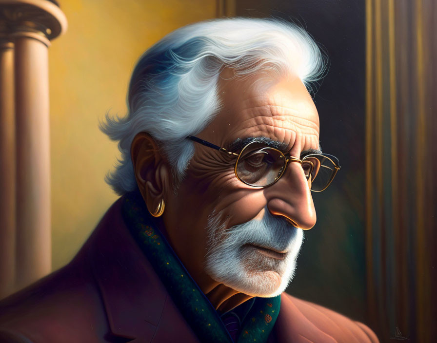 Elderly gentleman with white hair and suit in digital portrait