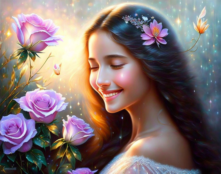 Smiling woman with flowers and butterflies in dreamy setting