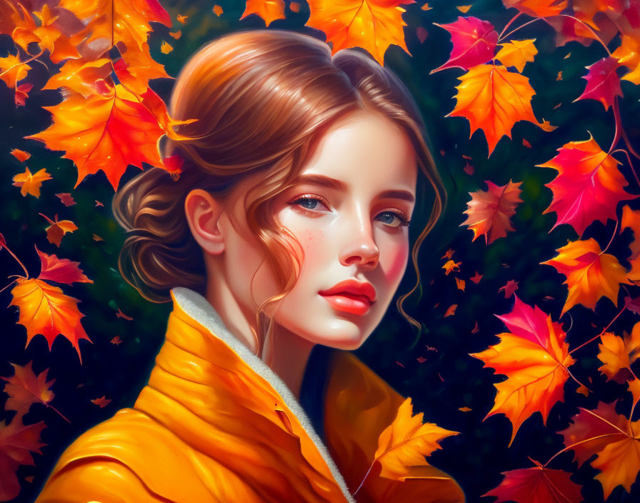 Young woman with updo in yellow jacket against autumn leaves background