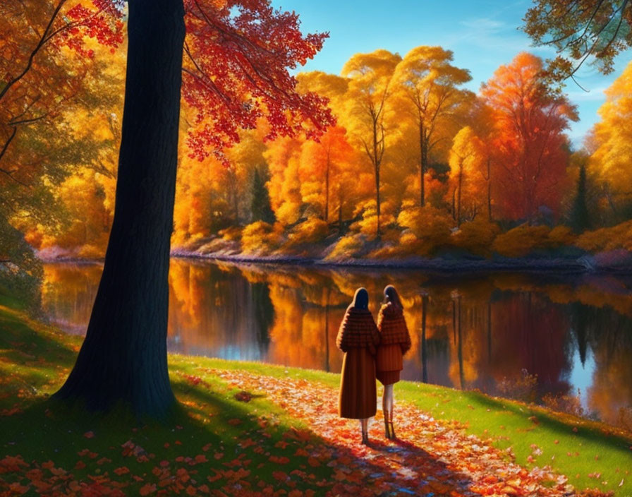 Autumn scene: Two individuals by river amid colorful foliage