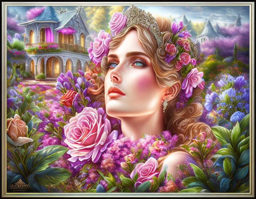 Illustration of woman with flowers, tiara, castle, and floral landscape